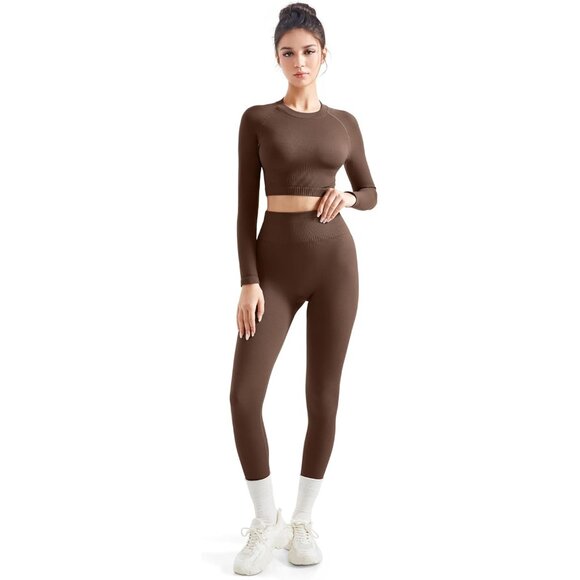 Women's Brown 2 Piece Workout Sets Hidden Scrunch Hip Lifting Seamless Yoga Crop - Picture 7 of 7